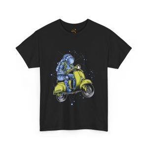 Astronaut on Scooter Black Color T-Shirt For Unisex Heavy Cotton Tee