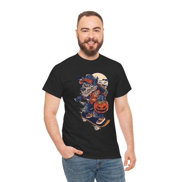 Halloween wolf on a skateboard Black Color T-Shirt For Men Heavy Cotton Tee