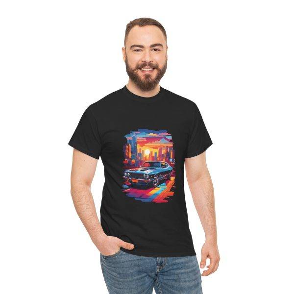 Car With City Background Black Color T-Shirt For Unisex Heavy Cotton Tee