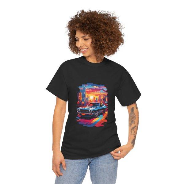 Car With City Background Black Color T-Shirt For Unisex Heavy Cotton Tee