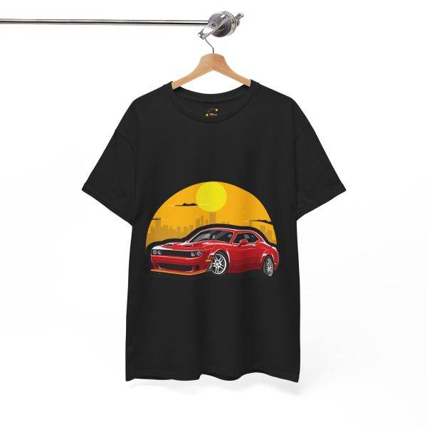 Red Car With Sunset Black Color T-Shirt For Unisex Heavy Cotton Tee