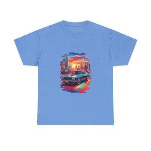 Car With City Background Blue Color T-Shirt For Unisex Heavy Cotton Tee