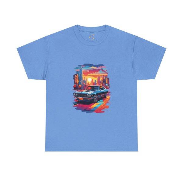 Car With City Background Blue Color T-Shirt For Unisex Heavy Cotton Tee