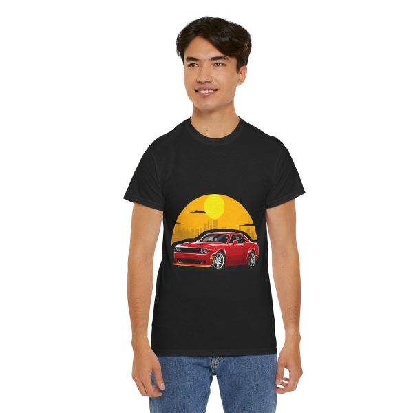 Red Car With Sunset Black Color T-Shirt For Unisex Heavy Cotton Tee