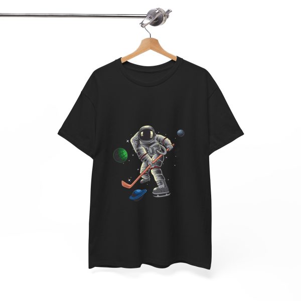 Astronaut playing hockey Black Color tshirt for Unisex Heavy Cotton Tee