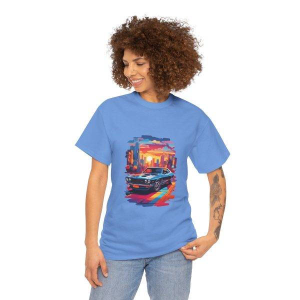 Car With City Background Blue Color T-Shirt For Unisex Heavy Cotton Tee