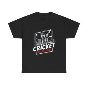 Sport Cricket In Action Black Color T-Shirt For Unisex Heavy Cotton Tee