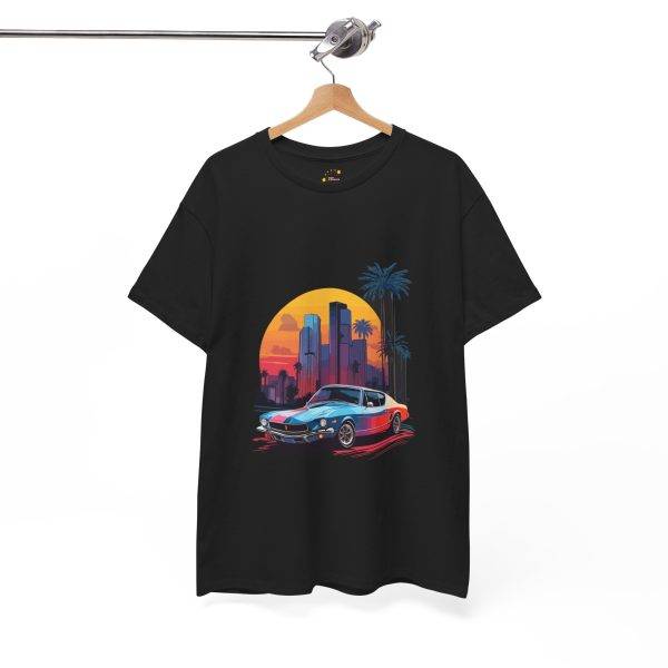 Car with City Background Black Color T-Shirt For Unisex Heavy Cotton Tee