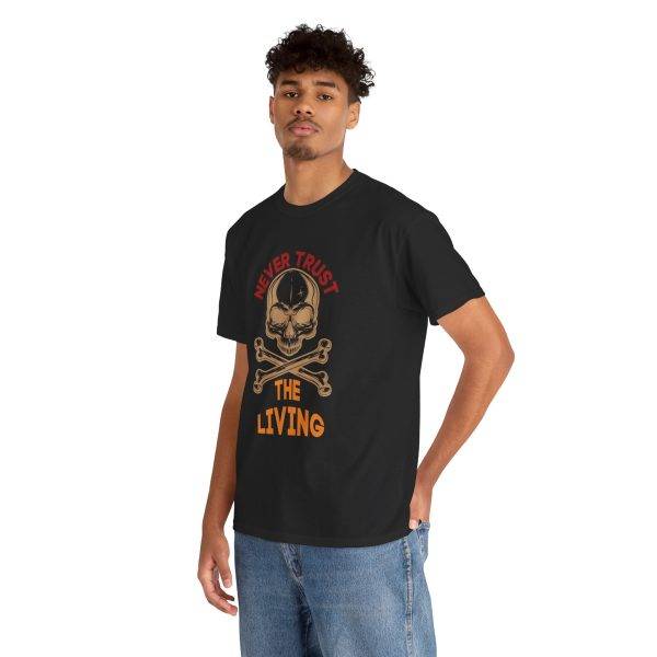 Never Trust the Living Skull Typography Unisex Heavy Cotton Tee | Casual Graphic T-Shirt for Halloween Lovers