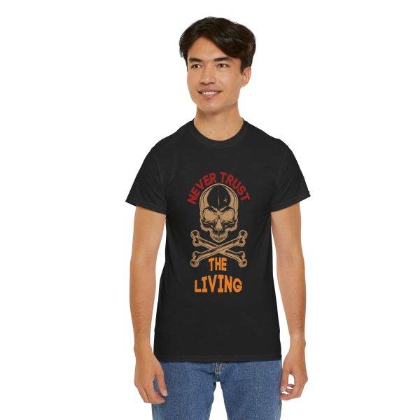 Never Trust the Living Skull Typography Unisex Heavy Cotton Tee | Casual Graphic T-Shirt for Halloween Lovers