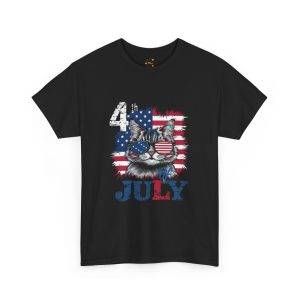 Patriotic Cat Unisex Heavy Cotton Tee - 4th of July American Flag Shirt