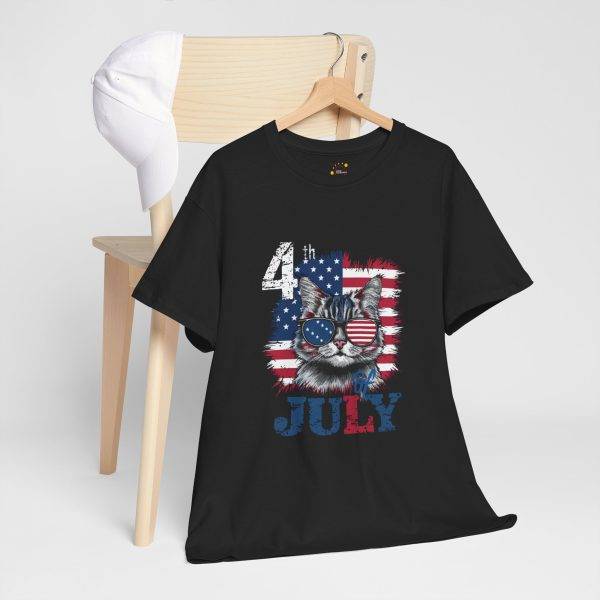 Patriotic Cat Unisex Heavy Cotton Tee - 4th of July American Flag Shirt
