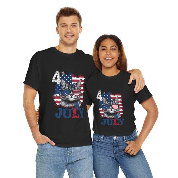 Patriotic Cat Unisex Heavy Cotton Tee - 4th of July American Flag Shirt