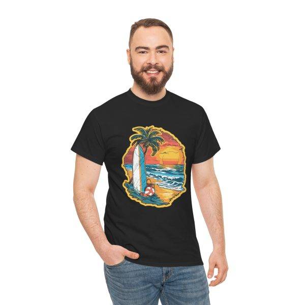 Retro Surf Summer Vibes Unisex Heavy Cotton Tee - Beach Sunset Design