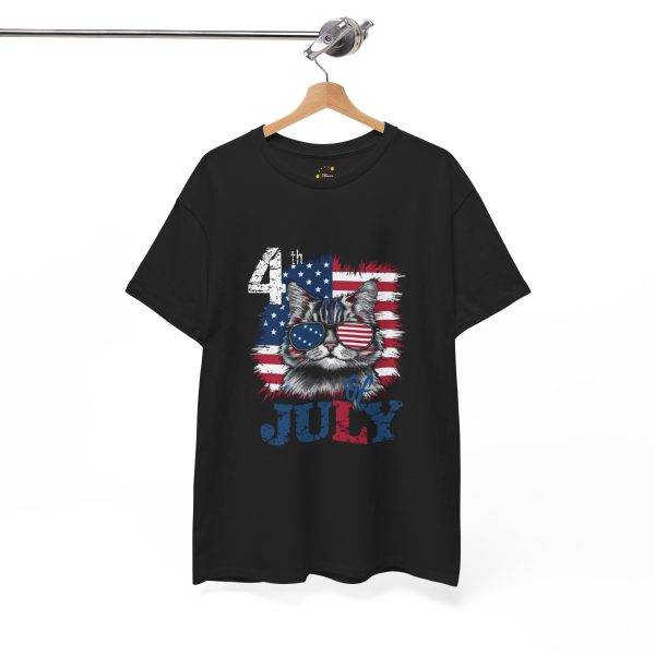 Patriotic Cat Unisex Heavy Cotton Tee - 4th of July American Flag Shirt