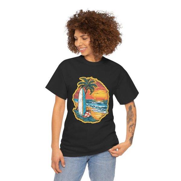 Retro Surf Summer Vibes Unisex Heavy Cotton Tee - Beach Sunset Design
