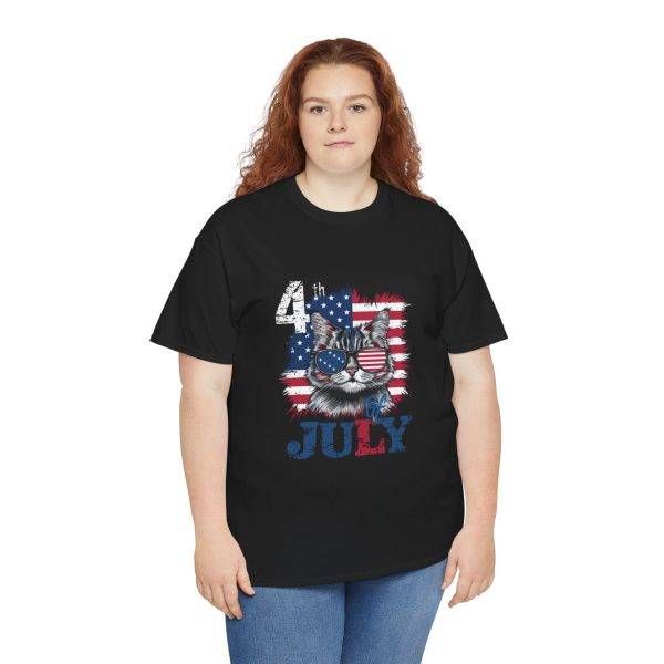 Patriotic Cat Unisex Heavy Cotton Tee - 4th of July American Flag Shirt