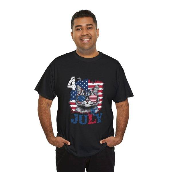 Patriotic Cat Unisex Heavy Cotton Tee - 4th of July American Flag Shirt