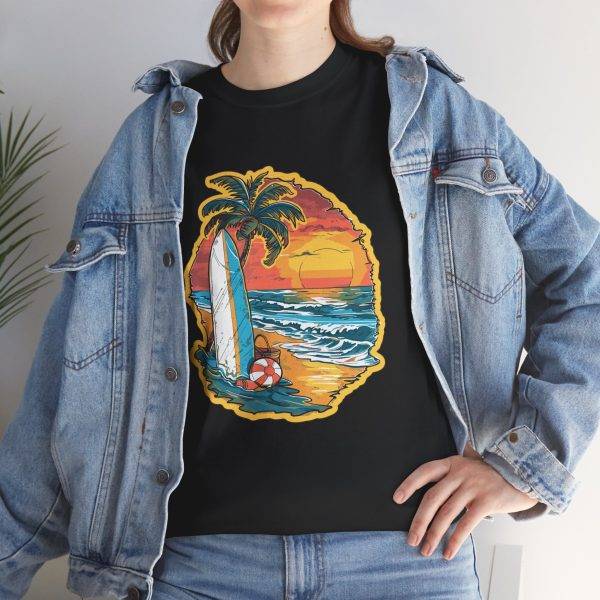 Retro Surf Summer Vibes Unisex Heavy Cotton Tee - Beach Sunset Design