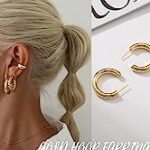Gold Hoop Earrings Set for Women, 6 Pairs 14K Gold Plated Lightweight Hypoallergenic Chunky Open Hoops Jewelry