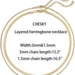 CHESKY Layered Necklace for Women, Double Layer Snake Chain Necklace 14k Gold Plated Layering Herringbone Necklace Gold Chunky Thick Chain Choker Necklace Gifts