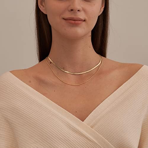 CHESKY Layered Necklace for Women, Double Layer Snake Chain Necklace 14k Gold Plated Layering Herringbone Necklace Gold Chunky Thick Chain Choker Necklace Gifts