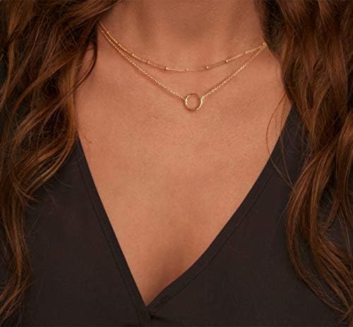 MEVECCO Gold Layered Choker Necklace for Women,18K Gold Plated Cute Dainty Karma Round Circle Disc Charm Small Beaded Satellite Chain Minimalist Choker Necklace