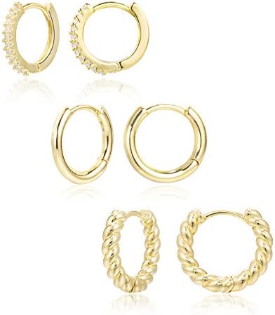3 Pairs Small Huggie Hoop Earrings Set 14K Gold Hypoallergenic Lightweight Huggie Hoops Earrings