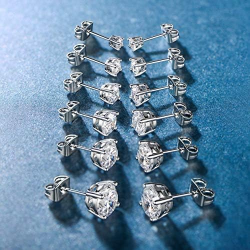 18K White Gold Plated 4 Pong Round Clear Cubic Zirconia Stud Earring Pack of 6 Pairs (6 Pairs)