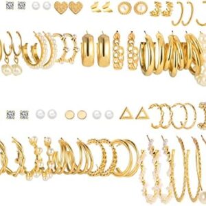 36 Pairs Gold Earrings Set for Women Girls, Fashion Pearl Chain Link Stud Drop Dangle Earrings Multipack Hoop Earring Packs, Hypoallergenic Earrings for Birthday Party Jewelry