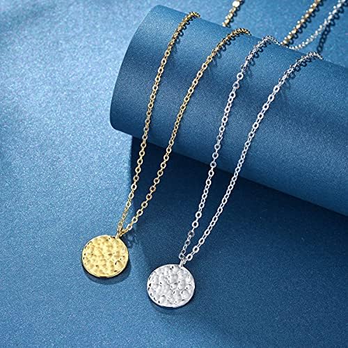 Fettero Pendant Necklace Sliver Hammered Coin Pendant Platinum Plated Dainty Simple Jewelry