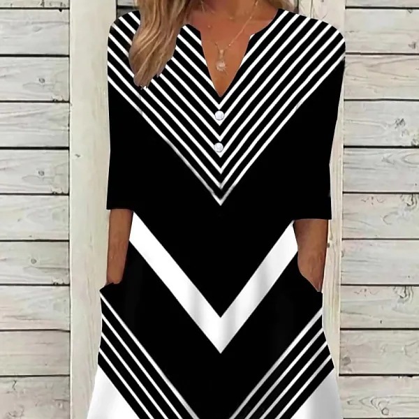 Striped Color-block V Neck Casual Dress