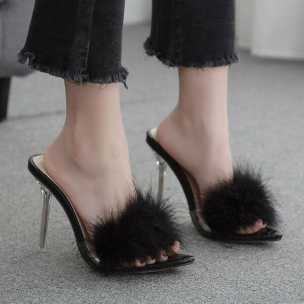 Woman Shoes Transparent Crystal High Heels Woman Feather Fur Slippers