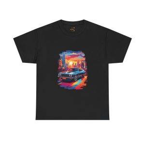 Car With City Background Black Color T-Shirt For Unisex Heavy Cotton Tee