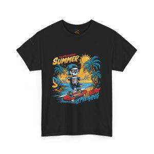 Summer Vibe Unisex Heavy Cotton Tee - Surfing Skeleton Graphic T-Shirt